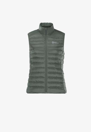 Veste sans manches matelassée vert foncé avec fermeture éclair frontale et col montant, avec le logo Jack Wolfskin sur la poitrine.