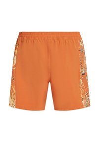 Oranžové plavky s elastickým pásom, so zeleno-béžovým tropickým vzorom na bokoch. Mäkký, ľahký materiál.
