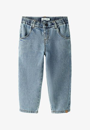 Jean en denim bleu clair pour tout-petits avec taille élastique, bouton à l'avant, passants de ceinture et poches avant.