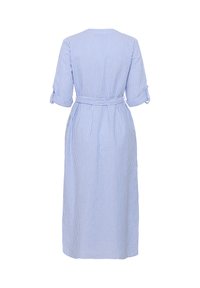 Blau-weißer gestreifter Kleid mit kurzärmeligen umgeschlagenen Ärmeln, Gürtel in der Taille, Rückansicht, knielang, leichtes Material und gerade Silhouette.