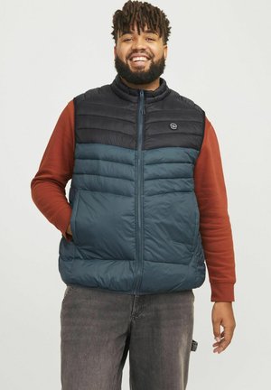 Polstret vest i mørkeblå og sort, med høj krave og lynlås foran. Har et logo på venstre brystlomme. Bæres over en mørkerød sweatshirt.
