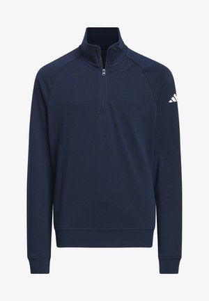 Felpa blu navy con zip a un quarto, maniche lunghe raglan, colletto alto e logo bianco sulla spalla sinistra. Tessuto morbido.