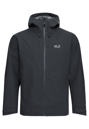 Donkergrijze waterdichte jas met een capuchon, een ritssluiting aan de voorkant en een logo op de borst. Heeft een gladde textuur en verstelbare manchetten.