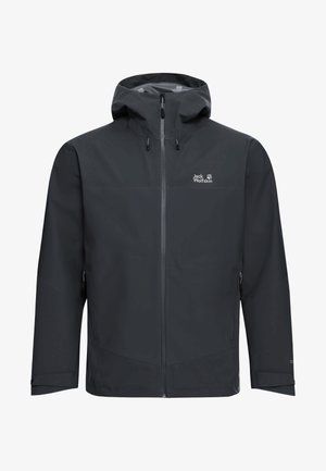 Donkergrijze waterdichte jas met een capuchon, een ritssluiting aan de voorkant en een logo op de borst. Heeft een gladde textuur en verstelbare manchetten.