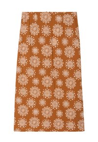 Brun kjol med vitt blommönster, regular fit, knälång, tillverkad av lättviktigt tyg, har subtila veck för extra detalj.