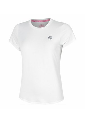 Camiseta deportiva para mujer de manga corta y cuello redondo en color blanco, con un pequeño logo circular negro en el pecho izquierdo delantero y ribete interior del cuello en color rosa.