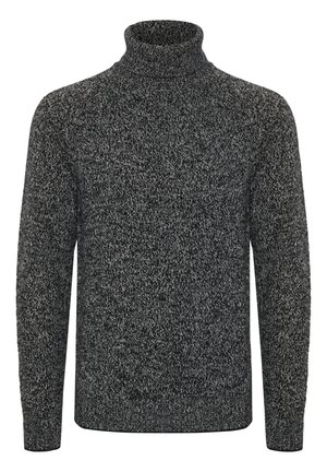 Dunkelgrauer Rollkragenpullover aus strukturiertem Strickstoff mit einem gesprenkelten Muster. Verfügt über lange Ärmel sowie ein geripptes Kragen- und Manschetten-Design.