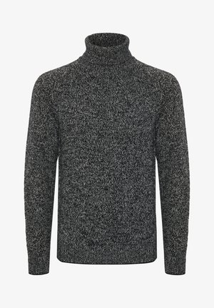 Dunkelgrauer Rollkragenpullover aus strukturiertem Strickstoff mit einem gesprenkelten Muster. Verfügt über lange Ärmel sowie ein geripptes Kragen- und Manschetten-Design.