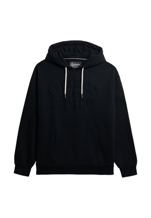 Black hoodie made from soft fabric, featuring a kangaroo pocket, drawstring hood, and embossed "Superdry Athletics" logo on the front.