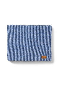 Berretto lavorato a maglia blu con texture a coste orizzontali; presenta una combinazione di colori blu chiaro e scuro e una toppa con il logo Timberland marrone.