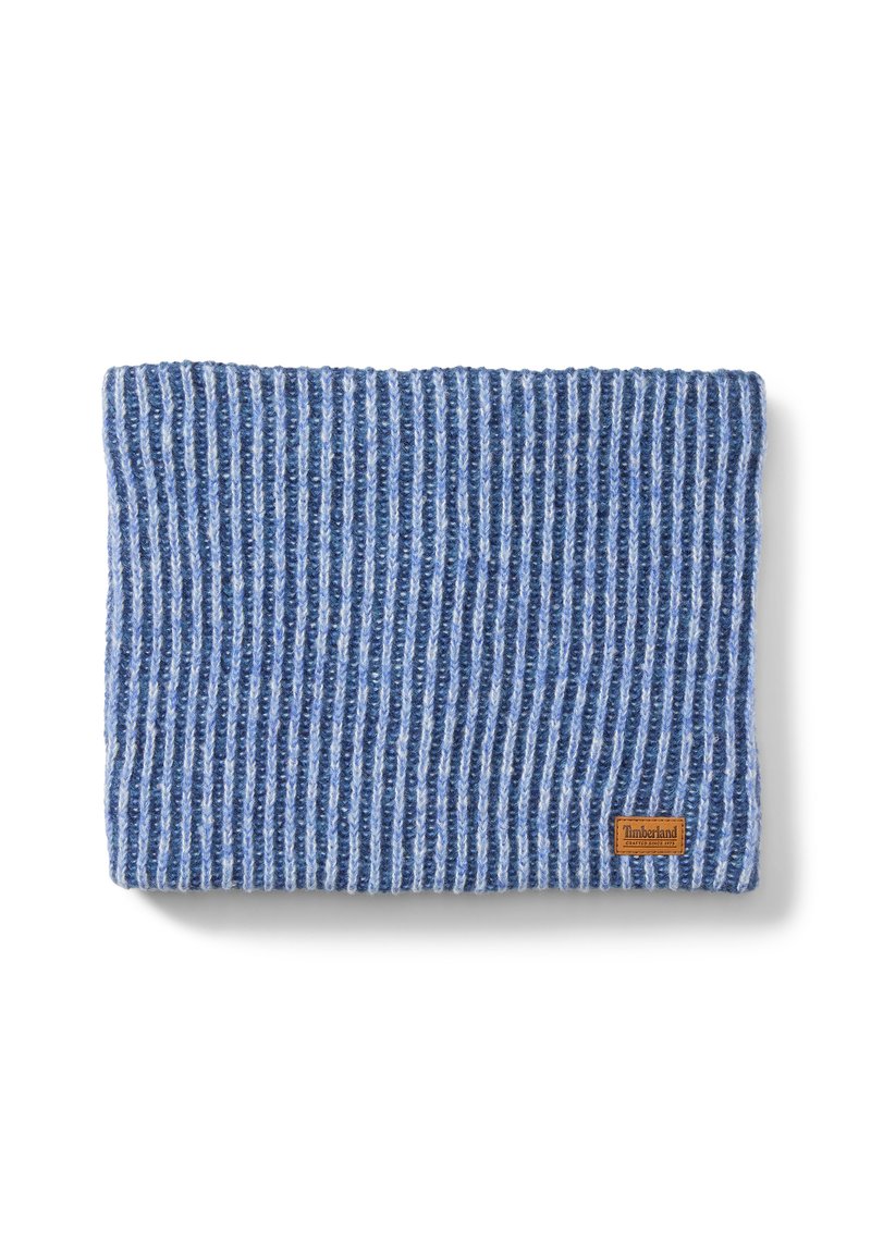 Berretto lavorato a maglia blu con texture a coste orizzontali; presenta una combinazione di colori blu chiaro e scuro e una toppa con il logo Timberland marrone.