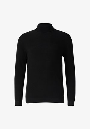 Maglione nero a collo alto con una texture a coste, maniche lunghe e design aderente. L'orlo e i polsini sono rifiniti con una fascia solida.