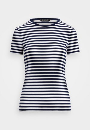 Marineblauwe en witte gestreepte t-shirt met korte mouwen en een ronde halslijn. Gemaakt van zacht materiaal, met gelijkmatige horizontale strepen en een lichaamsgetailleerd ontwerp.