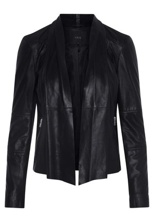 Veste en cuir noire pour femme avec ouverture devant, manches longues et poches latérales zippées.