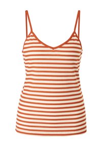 Pruhovaná tílka v oranžové a krémové barvě. V-krční design s tenkými nastaviteln�ými ramínky. Žebrovaná textura po celém dní.