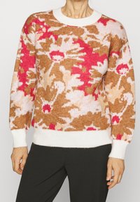 Pull en tricot avec un motif floral coloré dans des tons de marron, rose et crème, avec des manches longues et un col et un ourlet côtelés blancs.