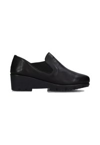 Scarpa nera in pelle slip-on con tacco basso a cuneo, punta tonda e pannelli laterali elasticizzati per una facile calzata.