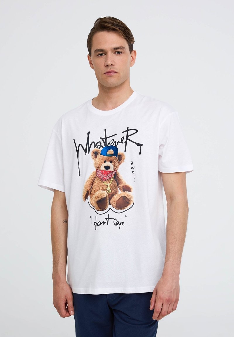 Terranova CON ORSETTO E SCRITTE - T-shirt con stampa - bianco ottico