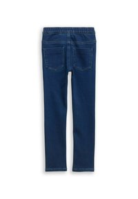 Donkerblauwe jeans van katoenmix met een aansluitend ontwerp, elastische tailleband en twee achterzakken, met klassieke denimstiksels.