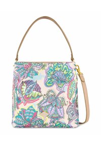 Borsa a spalla multicolore con motivi floreali in rosa, blu e verde su uno sfondo chiaro. Materiale tessile liscio con tracolla beige.