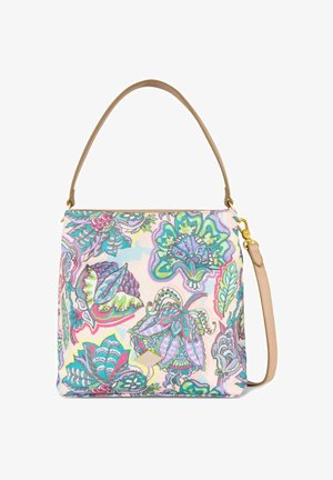 Multigekleurige schoudertas met bloemenpatronen in roze, blauw en groen op een lichte achtergrond. Gladde textielmateriaal met een tan kleurige schouderband.