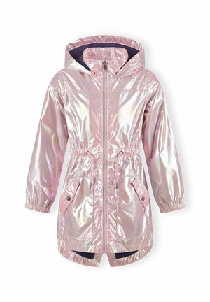 Różowa, iryzująca kurtka przeciwdeszczowa z kapturem, z zapięciem na zamek, elastycznymi mankietami, regulowanym sznurkiem w talii oraz dwiema bocznymi kieszeniami.