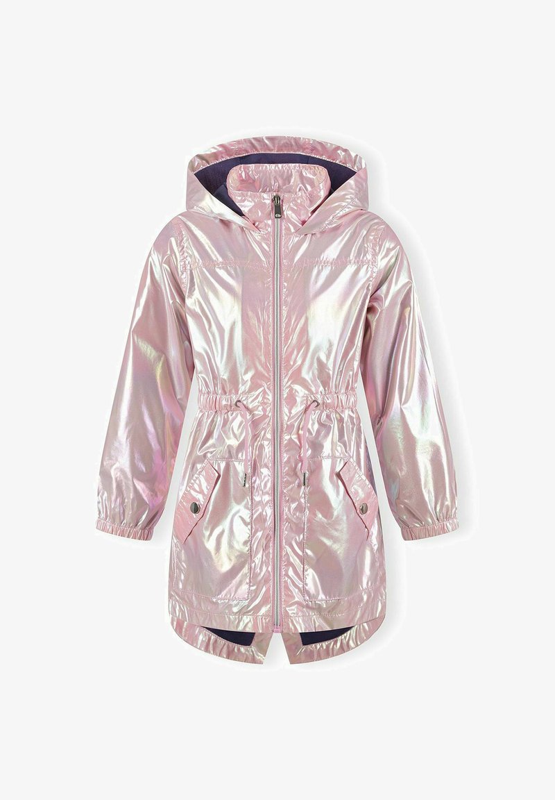 Pink, iridescent rain jacket with a hood, zipper front, elastic cuffs, adjustable drawstring waist, and two side pockets.