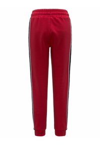 Pantaloni della tuta rossi con coulisse in vita, dotati di strisce nere laterali e polsini elastici. Realizzati in tessuto morbido e strutturato per garantire comfort.