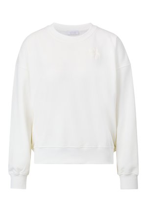 Witte sweatshirt met ronde hals, verlaagde schouders, lange mouwen en een getextureerde bloemenaccent op de borst. Zacht, glad materiaal.