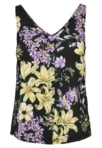 Kwiecowa bluzka bez rękawów z dekoltem w kształcie litery V, z czarnym tłem oraz żółtymi, fioletowymi i białymi kwiatami. Szczegóły obejmują guziki z przodu.