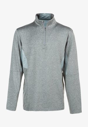 Grauer Pullover aus weichem Stoff, mit einem Viertel-Reißverschluss, langen Ärmeln und Mesh-Akzenten an den Seiten. Glatte Textur, zurückhaltendes Design.