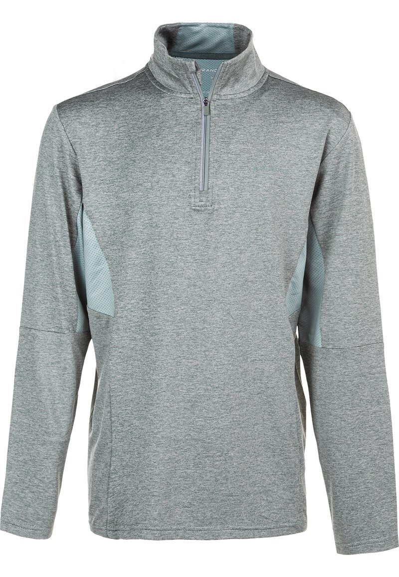 Grauer Pullover aus weichem Stoff, mit einem Viertel-Reißverschluss, langen Ärmeln und Mesh-Akzenten an den Seiten. Glatte Textur, zurückhaltendes Design.