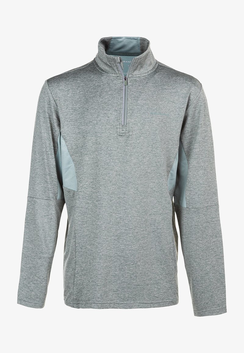 Grauer Pullover aus weichem Stoff, mit einem Viertel-Reißverschluss, langen Ärmeln und Mesh-Akzenten an den Seiten. Glatte Textur, zurückhaltendes Design.