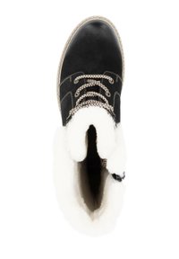 Black leather boot with a white, soft lining. Features a round toe, textured laces, and a tan sole. The cuff is made of fluffy material.