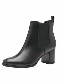 Black leather ankle boot with a pointed toe, elastic side panels, and a block heel. Features a smooth texture and minimalist design.