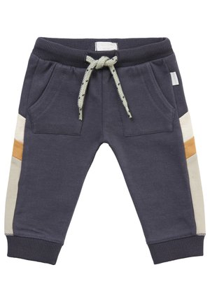 Marineblaue Sweatpants mit gerippten Bündchen und Taillenbund. Vordere Taschen, verstellbarer Kordelzug in Hellgrün und kontrastierende beige und orange Seitenteile.