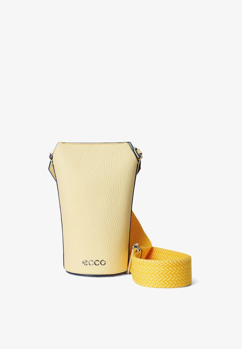 Gelbe Leder-Umhängetasche mit strukturiertem Finish, zylinderförmig gestaltet, ausgestattet mit einem geflochtenen gelben Trageriemen und dezentem schwarzen Rand.