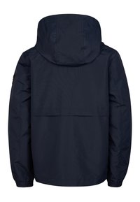Veste à capuche bleu marine avec une finition mate et lisse, des poignets élastiques, et un design tombant à l'arrière. Aucun élément métallique ni motif visible.