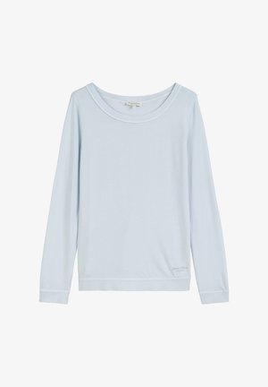 Light blue long-sleeve top with a wide neckline, ribbed cuffs, and hem, made of soft fabric. Features a small brand logo at the bottom.