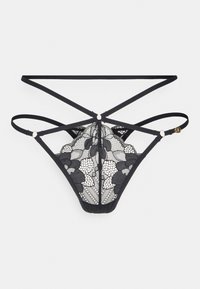 Zwarte kanten string met ingewikkelde bloemenpatronen, voorzien van meerdere dunne bandjes en goudaccenten voor een minimalistisch ontwerp.