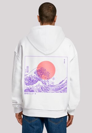 White hooded sweatshirt featuring a purple wave design and a large pink sun on the back, with Japanese text underneath. Soft cotton texture.