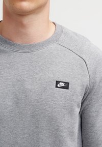 Grijze sweatshirt met een ronde hals en raglanmouwen. Bevat een klein zwart Nike-logo patch op de borst. Zachte textuur.