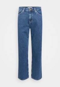 Jeans de mezclilla azul con un corte recto, diseño de cinco bolsillos, cierre de botón y detalles de costura sutiles.
