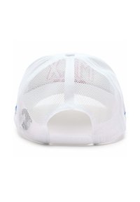 Cappellino bianco in rete con chiusura posteriore a scatto in plastica, caratterizzato da un design traspirante e da un dettaglio con cuciture circolari sulla parte superiore.