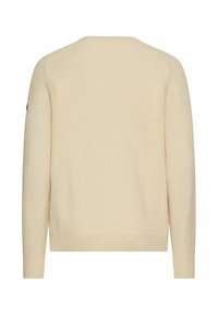 Beige geripptes Strickoberteil mit langen Ärmeln und Rundhalsausschnitt, von hinten gezeigt.