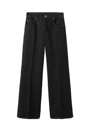 Pantalons en denim noir à jambes larges avec une fermeture à bouton, des poches avant et un tissu texturé. Conçus pour un ajustement ample.