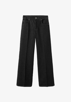Weite schwarze Denim-Hosen mit Knopfverschluss, Fronttaschen und einem strukturierten Stoff. Entworfen für eine lockere Passform.