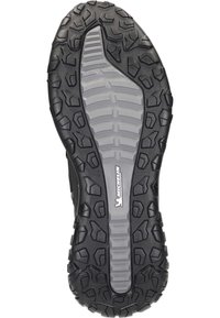 Soletta di scarpa nera in gomma con profonde scanalature, un mix di motivi angolari e arrotondati, con una intersuola grigia liscia e il marchio Michelin.
