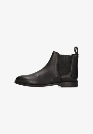 Schwarze Leder Chelsea-Stiefel mit strukturierter Oberfläche, elastischen Seitenpaneelen, runder Zehenpartie und einer Zuglasche an der Ferse. Flache Gummisohle.
