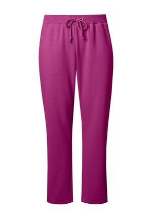 Fleece-housut kirkkaan magentan värissä, joissa on elastinen vyötärönyöri, kapenevat lahkeet ja sileä pinta.